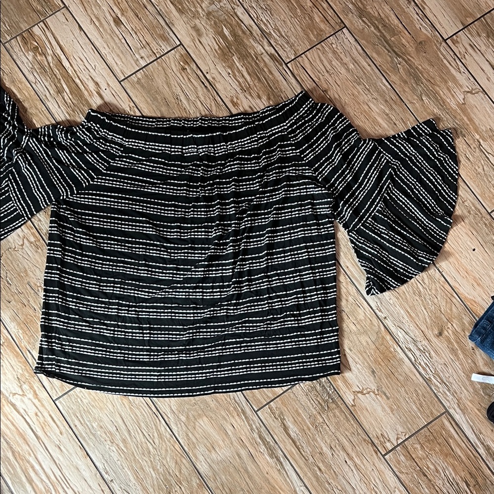 Pebble and Stone Black and White Striped Bell Sleeve Blouse